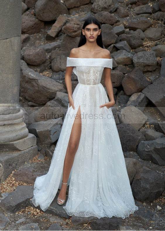 Off Shoulder Ivory Glitter Lace Slit Sexy Wedding Dress